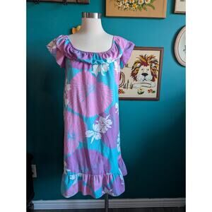 Vintage Hilo Hattie Hawaiian Muumuu Dress Off the Shoulder Midi Dress Purple